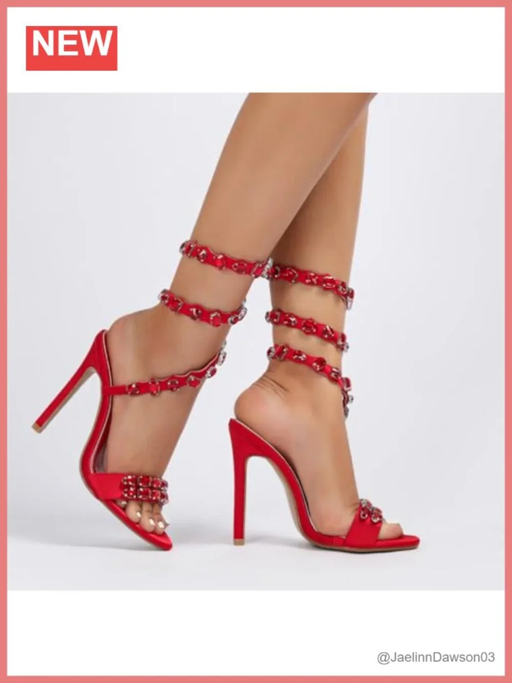 Women's Rhinestone Studded Heeled Sandals Ankle Wrap Stilettos Satin